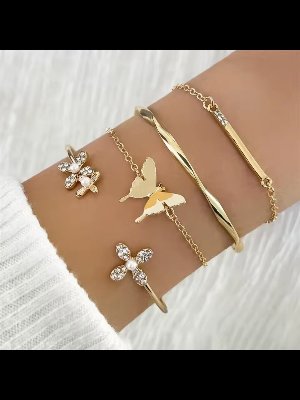 Gold Butterfly & Crystal Flower Layered Bracelet Set